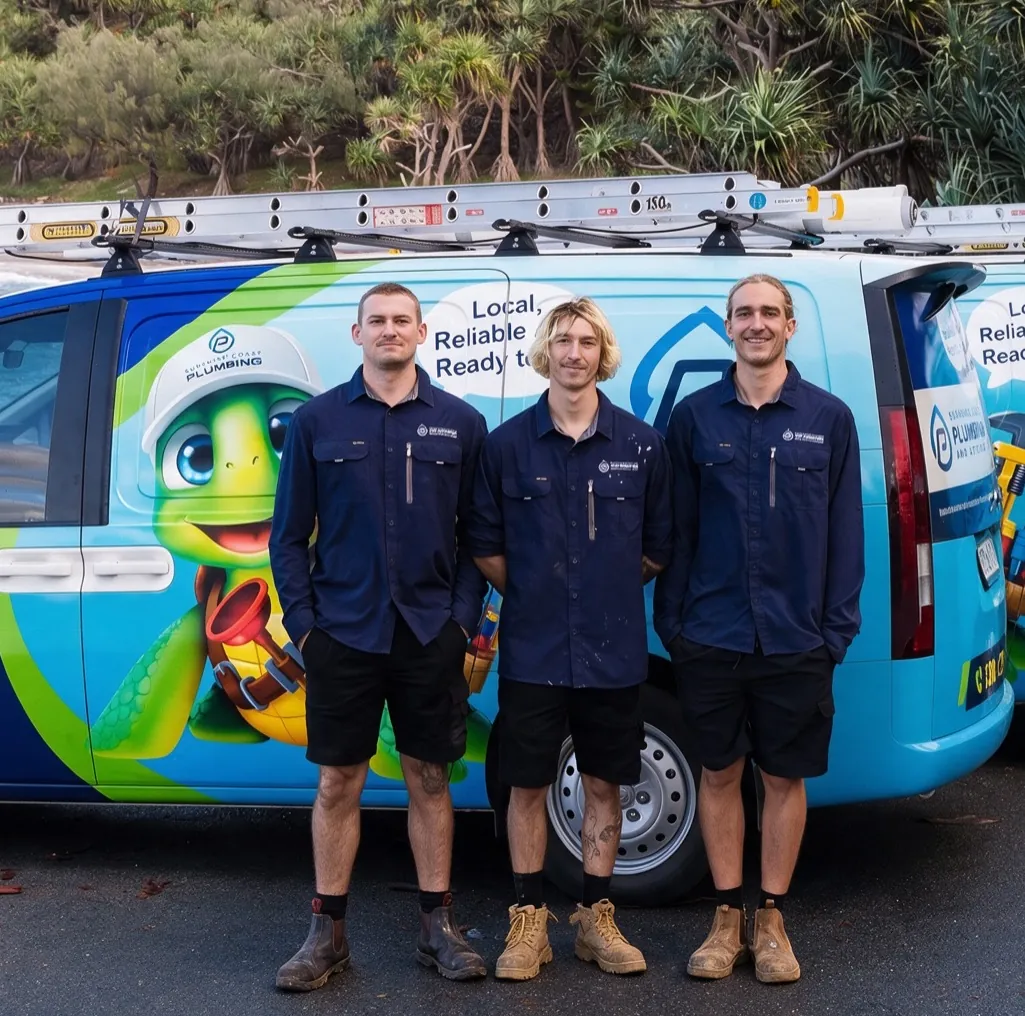 Three of our plumbers in front of the van