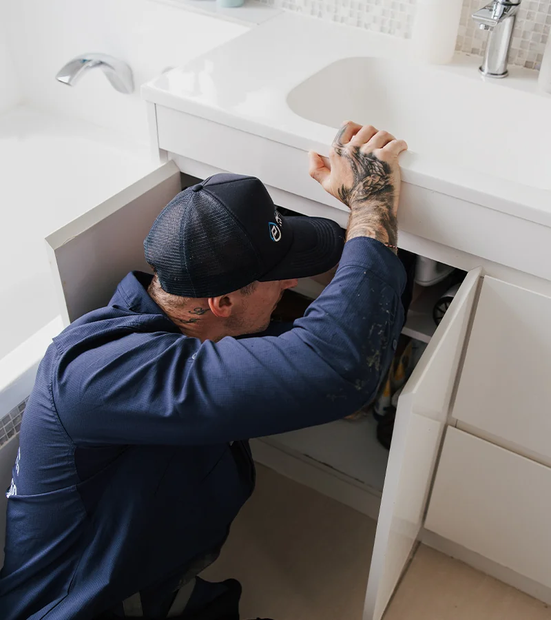 Our plumber working under a bathroom vanity